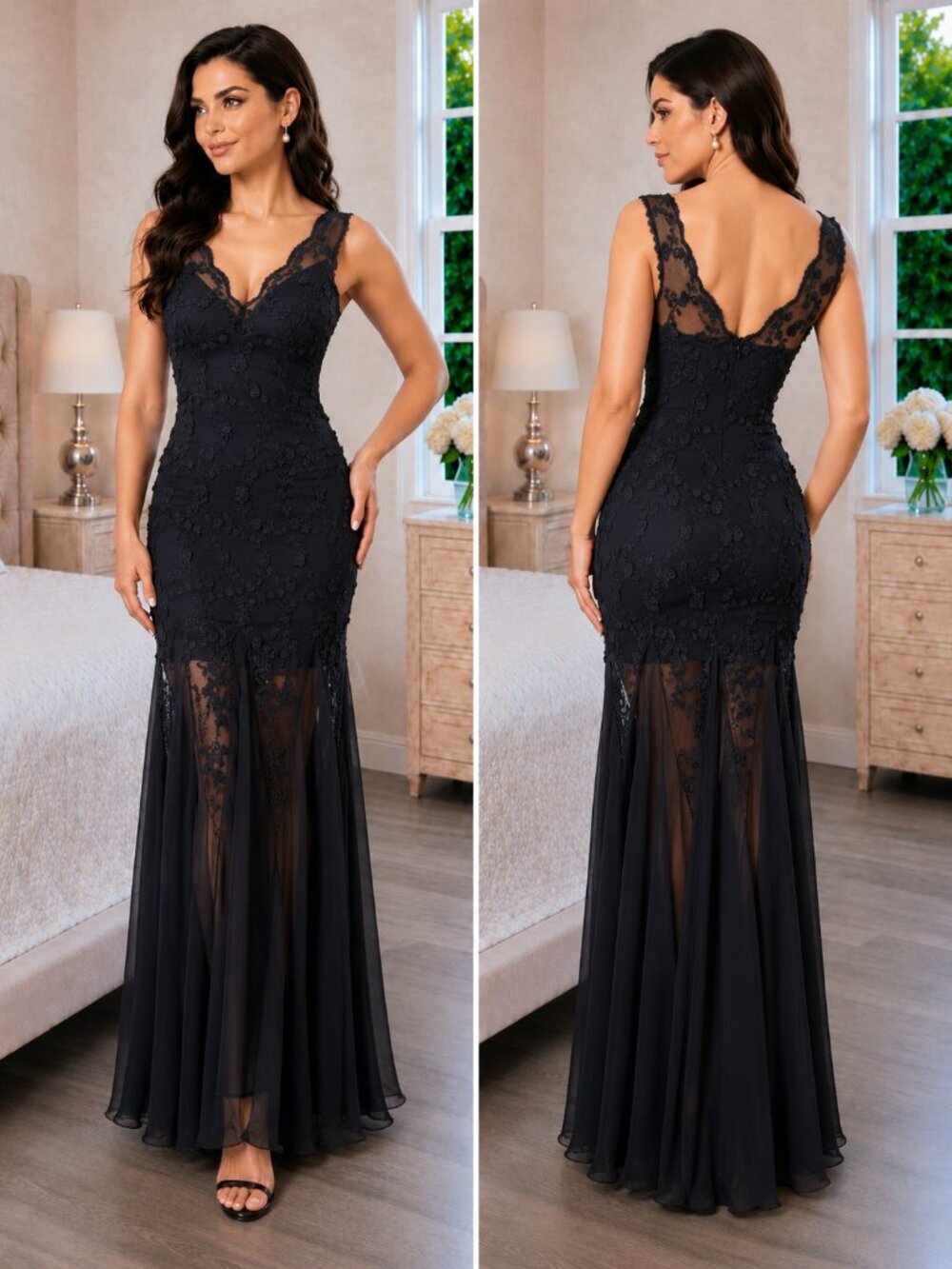 Nicole Bakti Black Floral Lace Illusion Formal Gown $576